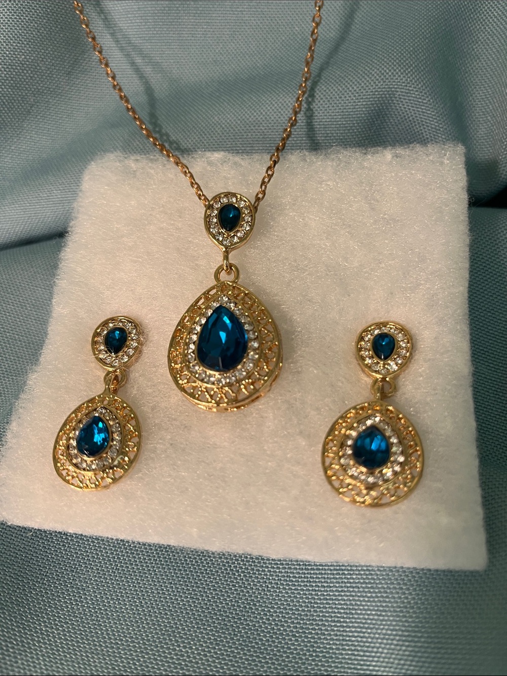 Gold-Tone Teardrop Pendant Necklace and Earrings Set with Blue Crystals